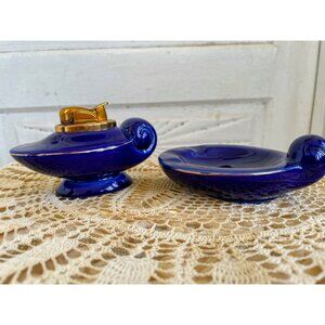 Vintage 1950s Evans Bone China Table Lighter Ashtray Set Cobalt Blue